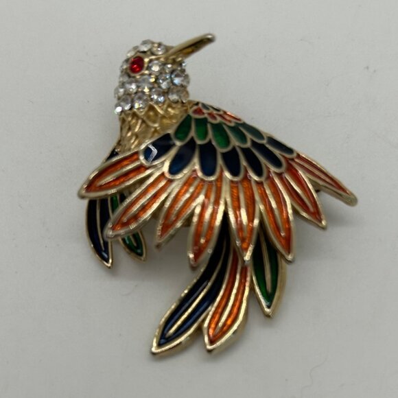 Vintage Hummingbird Brooch Rhinestone Accents Enameled Wings Gold-Tone Nature - Picture 2 of 16